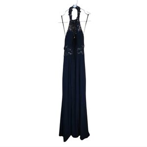 Blondie Nites navy blue formal dress with sheer sides and halter Size 1